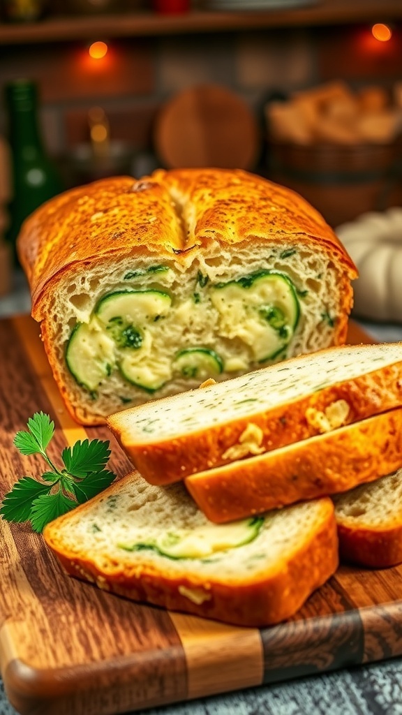 Keto Zucchini Garlic Cheese Bread Recipe Sliced zucchini garlic cheese bread on a cutting board, showcasing melted cheese and zucchini, garnished with parsley.